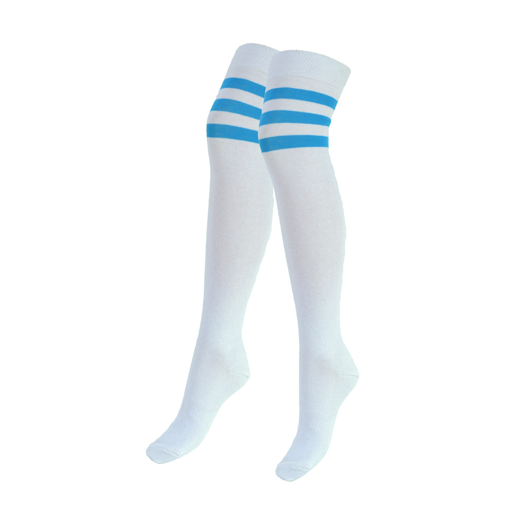 2 paar overknee kousen - Dames - wit met blauwe strepen