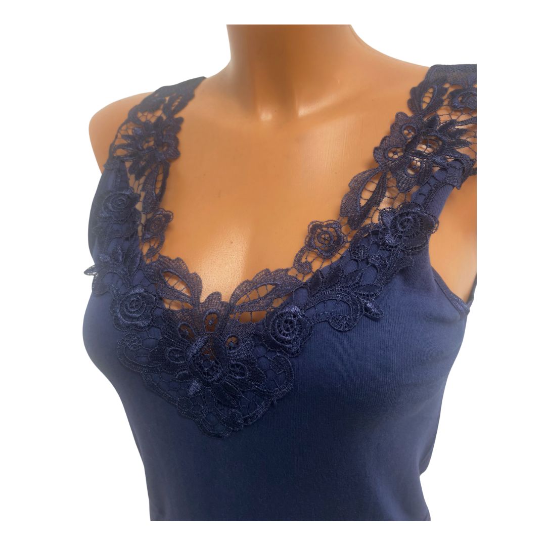 2 Pack dames hemd met Kant - 100% katoen - Marinblauw